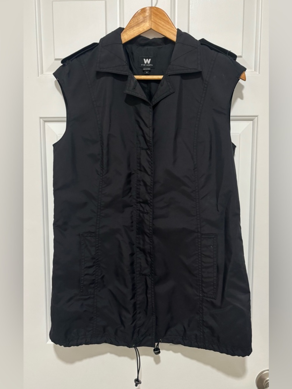 W By Worth Black Tech Utility Sleeveless Zip Up Cargo Vest Drawstring Jacket 6
